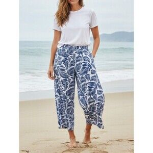 LEPUNUO Women's Blue White Tropical Leaf Wide Leg Palazzo Pants XS